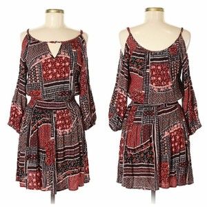 American Eagle Outfitters Cold Shoulder Dress Multicolor Patchwork Boho Medium M
